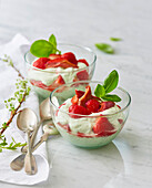 Basil quark dish with strawberries and rhubarb