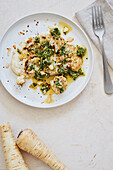 Cauliflower steaks with parsnip and celery puree and salsa