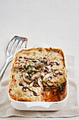 Vegan buckwheat lasagne with mushrooms, celery, and béchamel sauce