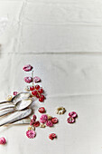 Löffel, Johannisbeeren und Blüten auf hellem Tischtuch