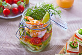 Salad with shrimp in a mason jar