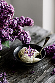 Vanilla ice cream with lilac flowers