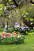 Tulpen (Tulipa) und Narzissen (Narcissus) im Frühlingsgarten, im Hintergrund Brunnen und Sitzplatz