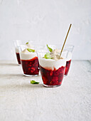 Vegan red fruit jelly with vegetable yogurt cream and oats cream