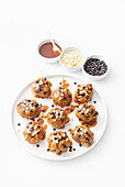 Sweet potato muffins with caramel icing, white and semi-sweet chocolate chips