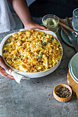 Macaroni and cheese casserole with cauliflower and broccoli