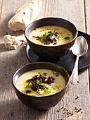 Creamy potato and celery soup with black pudding
