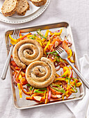 Roasted Czech cream sausage with vegetables