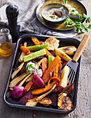 Oven roasted vegetables with garlic dip