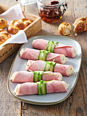 Ham rolls with horseradish cream and pretzel roll