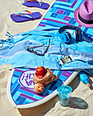 Beach scene with nectarines and milkshake