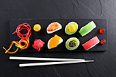 Colorful fruit jelly candy in the shape of sushi