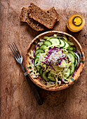 Pointed cabbage and red cabbage salad with cucumber and radish sprouts