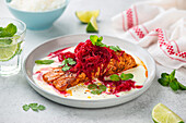 Roasted salmon with beetroot relish