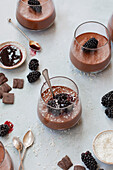 Chocolate blackberry mousse with coconut flakes