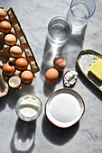 Baking ingredients: Eggs, flour, sugar and butter