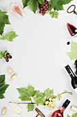 Red, rose and white wine in glasses, Branch of grape vine, bottles of wine on white background