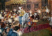 Robert Dudley welcoming Queen Elizabeth I, illustration