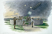 Lodge Hill Battery firing at German zeppelin, illustration