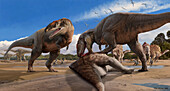 Carcharodontosaurus dinosaurs with prey, illustration