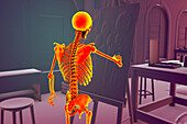 Skeleton painting in a studio, illustration.