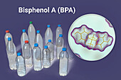 Bisphenol A molecule and plastic bottles, illustration