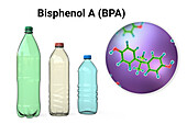 Bisphenol A molecule and plastic bottles, illustration