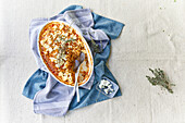 Greek minced meat pasta casserole with feta cheese