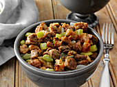 Sausage with celery and sage-onion dressing as a side dish for Thanksgiving dinner