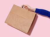 Woman's hand holding paper bag against pink background