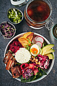 Family style bowl with pork belly