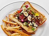 Grilled steak sandwich with caramelized onions and blue cheese, served with parmesan fries