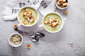 Asparagus soup with croutons and Parmesan cheese