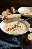 Vegetarian cheese and leek soup with soya mince