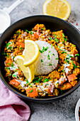 Vegan pumpkin red lentil curry with rice