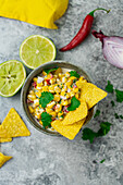 Mexican street corn salad with mayonnaise, yogurt, and jalapenos