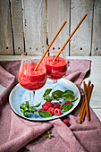 Raspberry Smoothie in a Glass; Fresh Raspberries