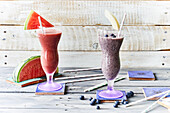 Watermelon smoothie and blueberry smoothie