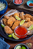 Homemade chicken nuggets in panko with sweet and sour sauce