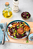 Fish patties with marinated beetroot