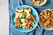 Nectarine salad with sesame chicken, mushrooms and cashews