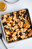 Baked bread pudding with golden raisins