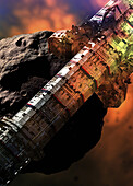 Mining spaceship on asteroid, illustration