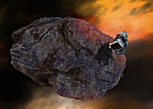 Mining spaceship at asteroid, illustration