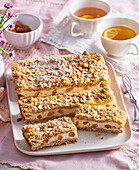 Oatmeal coffee cake with curd cheese and raisins