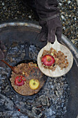 Apple crumble from an open fire