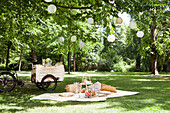 Picknickdecke mit Körben und Kissen unter beleuchtetem Baum im Park