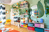 Retro shelves and houseplants in colorful living room