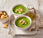 Creamy wild garlic soup with croutons