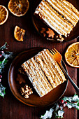 Layered honey cake slices